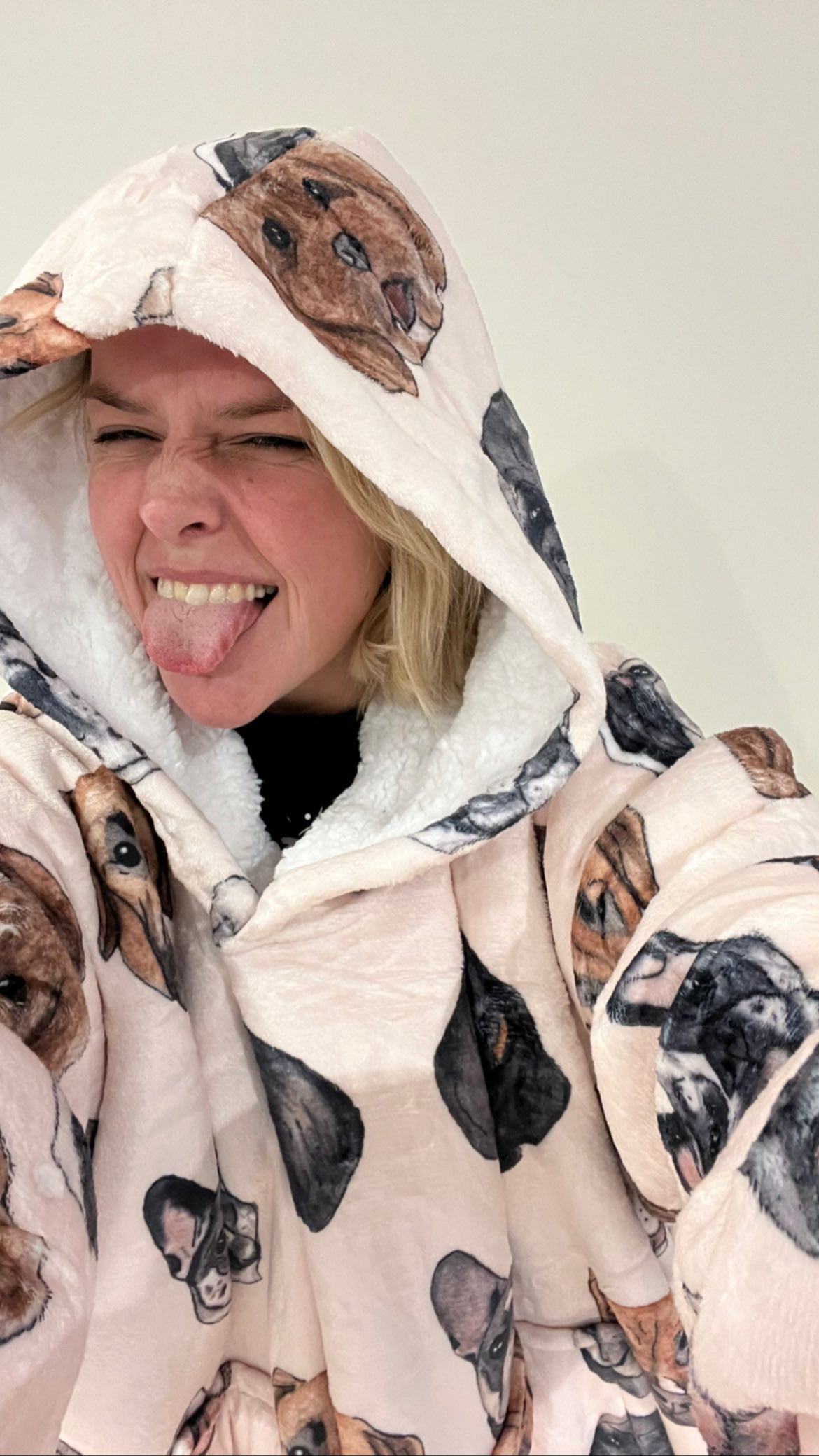 Human fleece hoody dog face pattern