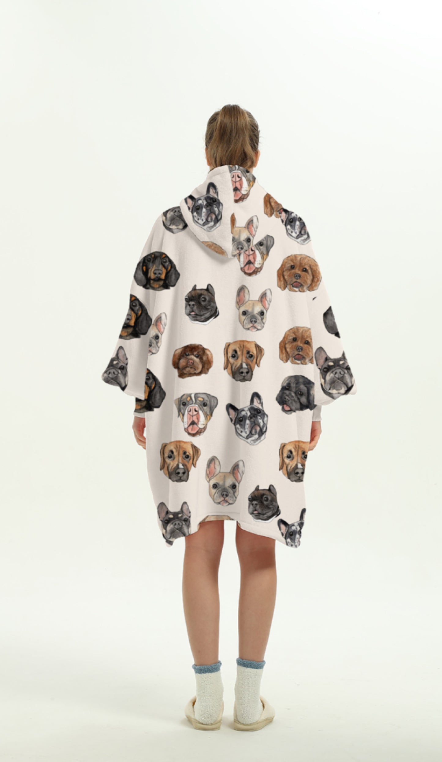 Human fleece hoody dog face pattern