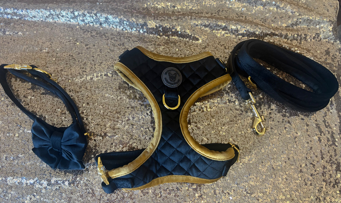 BB signature collection black with gold trim quilted velvet harness