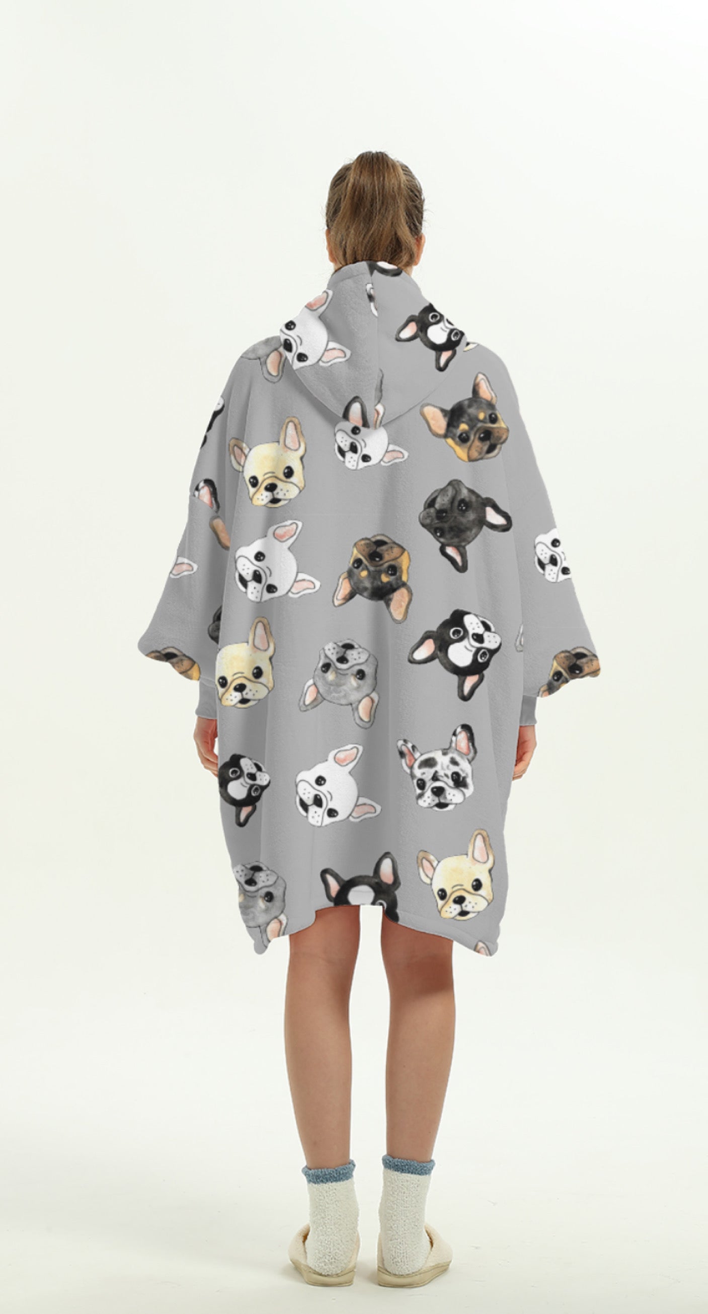 Human fleece hoody frenchie pattern